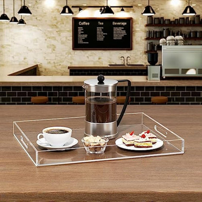 Clear Serving Tray 12x16 Inches/ 30x40 cm -Spill Proof- Acrylic Decorative Tray Organiser for Ottoman Coffee Table Countertop with Handles