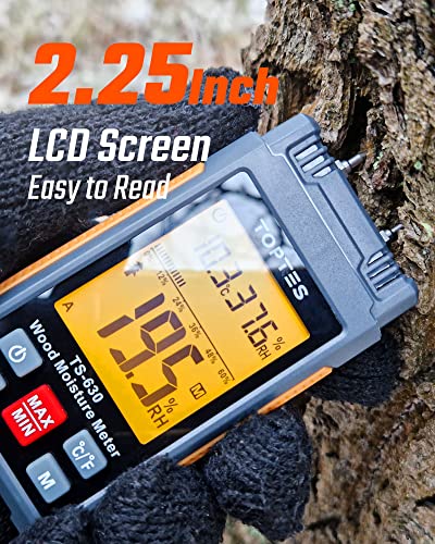 TopTes TS-630 Moisture Meter, Wood Moisture Meter with 2.25-inch 3 Colours Backlit LCD, Use for Log/Firewood/Lumber, Tracing Water Leak Dampness in Walls/Drywall/Floors, 7 Modes - Orange