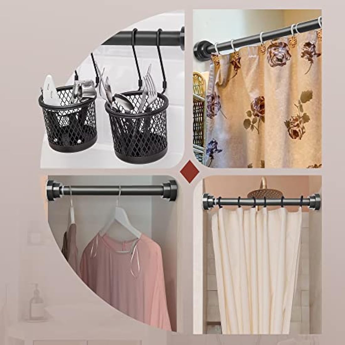 Stainless Steel Extendable Shower Curtain Pole 60-100cm Tension Rods for Curtains Telescopic Curtain Poles No Drilling Adjustable Shower Curtain Rail for Kitchen Closet Bathroom Window, Dark Grey