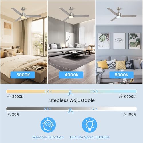 Newday 42inch Silver and Wooden Ceiling Fan with Remote Control, Dimmable LED, Quiet Reversible DC Motor, 6 Speeds, 3 Timer, Memory Function for Bedroom Living Room Basement Kitchen Terrace