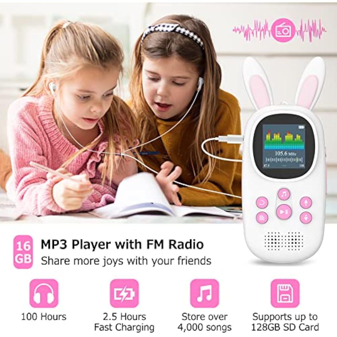 Cute Bunny Kids Music MP3 Player with Bluetooth, MP4 Player with Speaker, FM Radio, Alarm, Pedometer, Stopwatch, Supports up to 128GB