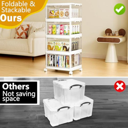 TidyTrove Storage Boxes with Lid - 23L*4 Plastic Storage Box with Front Door, 4 Tier Stackable Boxes, Plastic Drawers, Large Storage Box with Lid for Kitchen Storage & Organisation