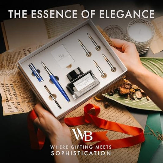 Wordsworth & Black Fountain Pen Gift Set, Includes Ink Bottle, 6 Ink Cartridges, A Refill Converter, 4 Replacement Nibs, Premium Package, Journaling, Calligraphy, Smooth Writing Pens [Blue Chrome]