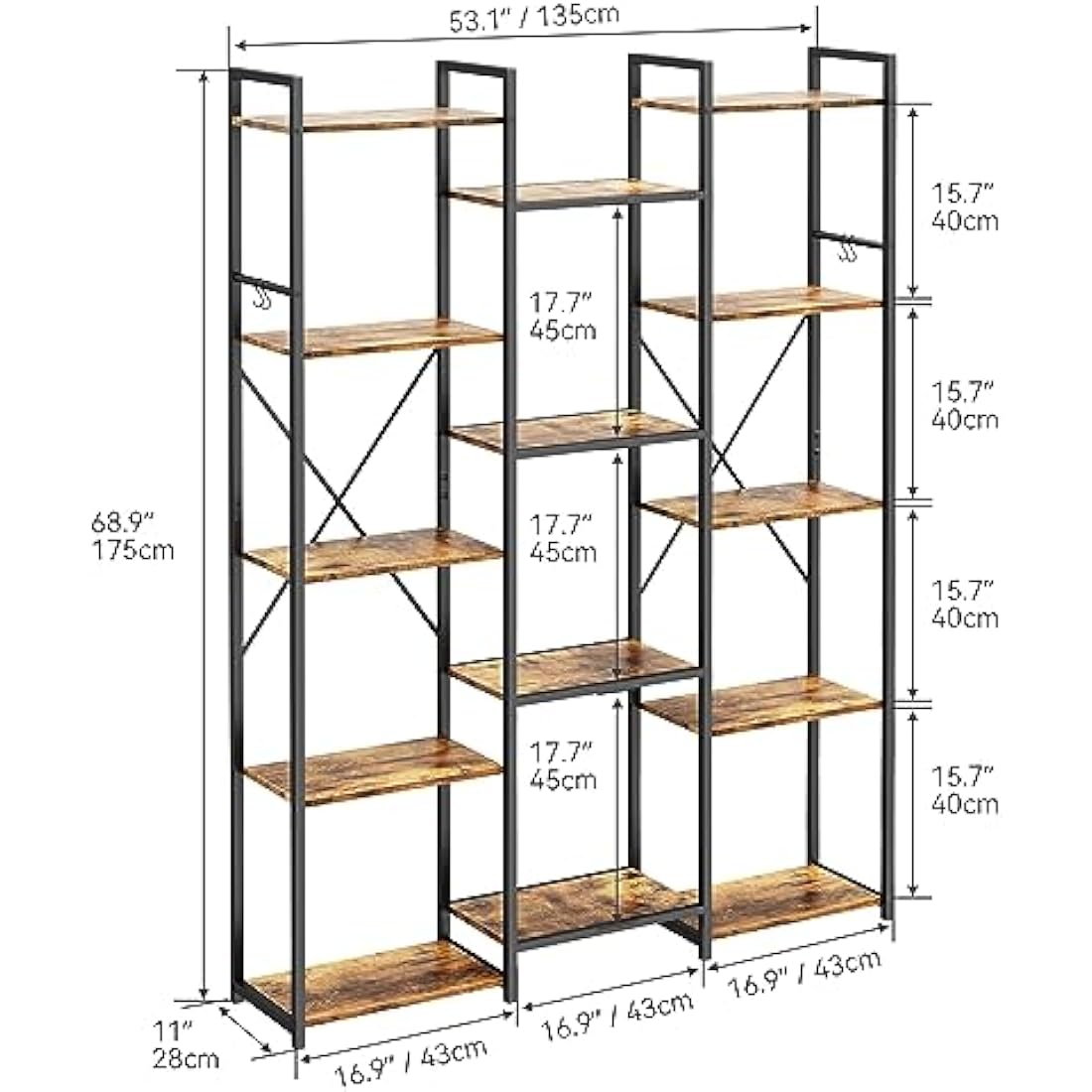 YITAHOME Bookcase, Floor Standing Book shelf with 14 Shelves and Hooks Tall Shelving Unit Display Storage Rack with Stable Metal Frame for Living Room, Home Office, Rustic Brown Bookshelf