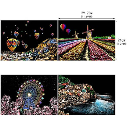 Heyu-Lotus 8pcs Scratch Art Paper Rainbow Painting Sketch City Series Night Art Craft Scratch Scratchboard for Adult and Kids with 5 Tools