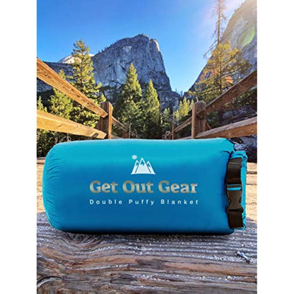 Get Out Gear Double Puffy Camping Blanket - Extra Puffy, Packable, Lightweight and Warm | Ideal for Outdoors, Travel, Stadium, Festivals, Beach, Hammock | Water-Resistant Camp Quilt (Teal Blue/Gray)