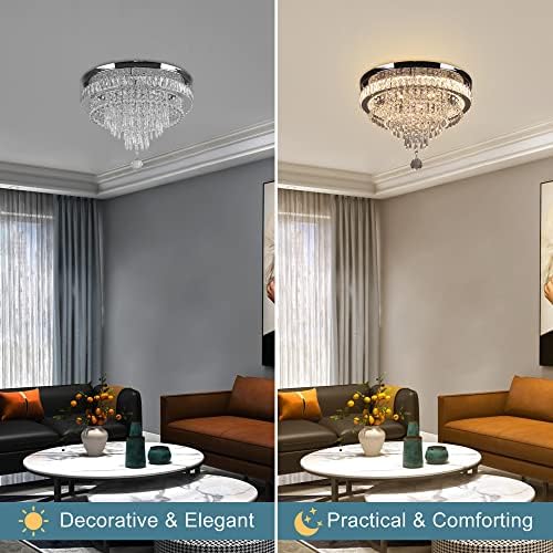 FRIXCHUR 19.7'' Crystal Chandelier Ceiling Light Living Room Modern Bedroom Chandeliers LED Flush Mount Light Fixture for Kitchen Hallway Bathroom with Remote Control (Stepless-Dimmable)