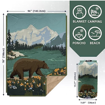 KawaGebo Kamp Outdoor Camping Blanket with Sherpa Lining, Extra Warm Thick Camp Blankets & Puffy Ultralight Soft Poncho DWR Camping Quilt for Cold Weather, Adventure,Sleeping,Backpacking 78"x 56"
