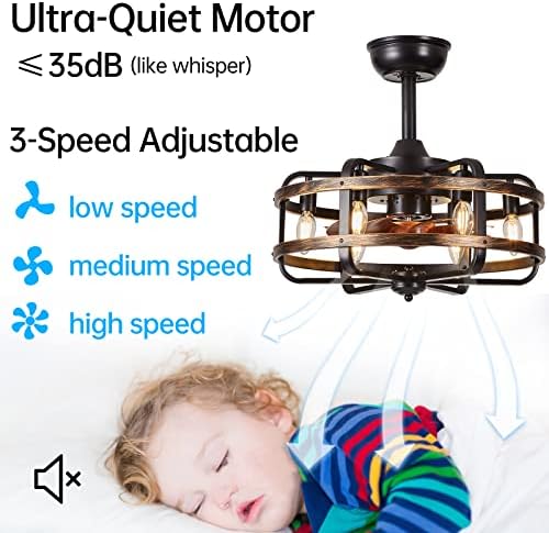 IZOWE Ceiling Fans with Lights and Remote, Industrial Caged Ceiling Fan 3 Speed Vintage Reversible Ceiling Fans with Lamps for Bedroom Dining Room Kitchen E14*6