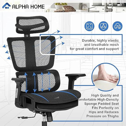 ALPHA HOME Office Chair Ergonomic Desk Chair with Retractable Footrest High Back Manager Chair Computer Home Office Chair 90-130° Tilt Angle with 3D-Armrest,Adjustable headrest,Lumbar Support