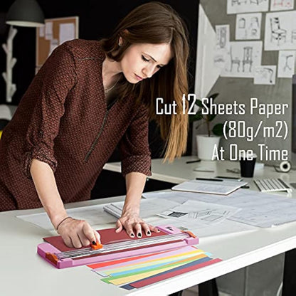 Firbon A4 Paper Cutter 12 Inch Titanium Paper Trimmer Scrapbooking Tool with Automatic Security Safeguard and Side Ruler for Craft, Coupon, Label and Cardstock (Pink)