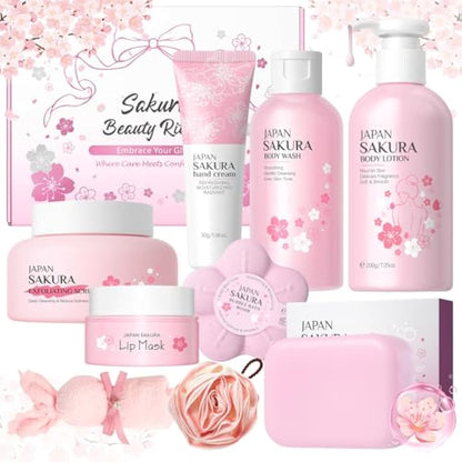 9 Pcs Bath Gift Sets, Pamper Gifts for Women, Sakura Bath Sets for Women Gifts with Body Wash, Lotion, Soap, Bath Bomb, Scrub, Hand Cream & Lip Mask, Home Spa Skincare Gift Set for Mom Teen Girls