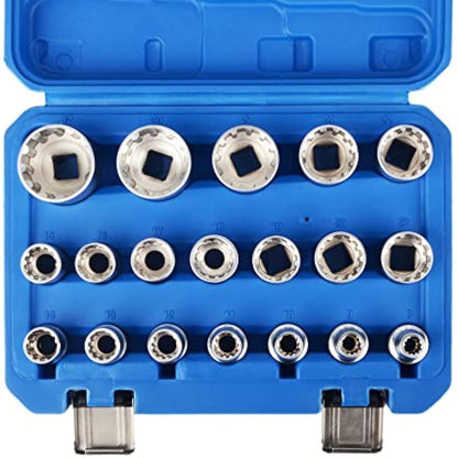 DAYUAN Spline Socket Set 1/2" Drive Universal Metric 8-32mm 12-Point Cr-V Socket Kit 19pcs