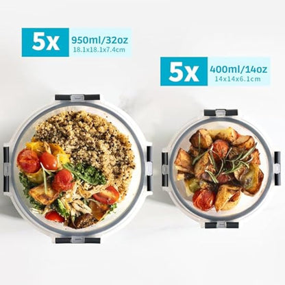Igluu Meal Prep Glass Containers with Airtight Lids 10 Pack Round 2 Sizes 950ml and 400ml BPA-Free Meal Prep Containers Reusable – Borosilicate Glass, Oven Safe