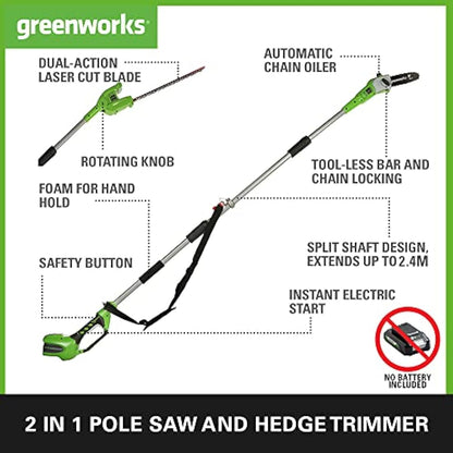 Greenworks G40PSH Cordless 2-in-1 Pole Saw and Pole Hedge Trimmer with Shoulder Strap, Pole Saw 20cm Bar, Trimmer 51cm Dual Action Blades, WITHOUT 40V Battery & Charger, 3 Year Guarantee