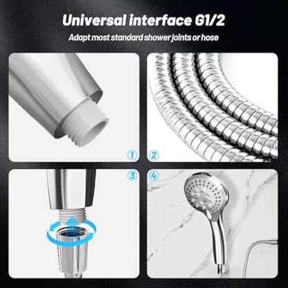VEHHE Shower Head Powerful Flow with 1.5m Chrome Hose Pressure Boosting Shower Head Spray with 5 Modes Water Saving Bathing for Adults Children Pets Home and Gym Use
