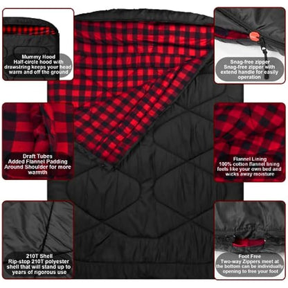 Mcota Cotton flannel double sleeping bags for Winter, waterproof queen size sleeping bag for 2 person cold weather camping, backpacking or traveling, double wide sleeping bags for family or couples