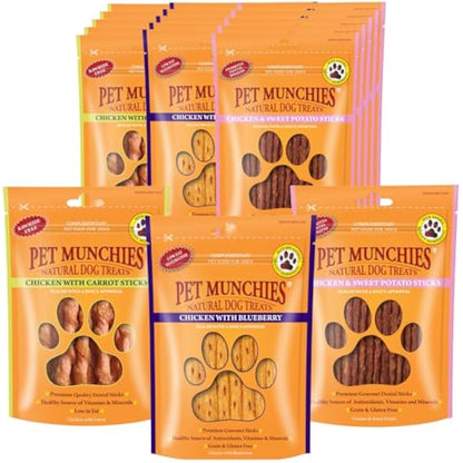 Pet Munchies Mixed Chicken Stick Bundle for Dogs, Chicken with Cheese, Blueberry or Carrot Flavour, Natural Real Meat Dog Chew Treat Sticks, 18 Variety Bags, 260g