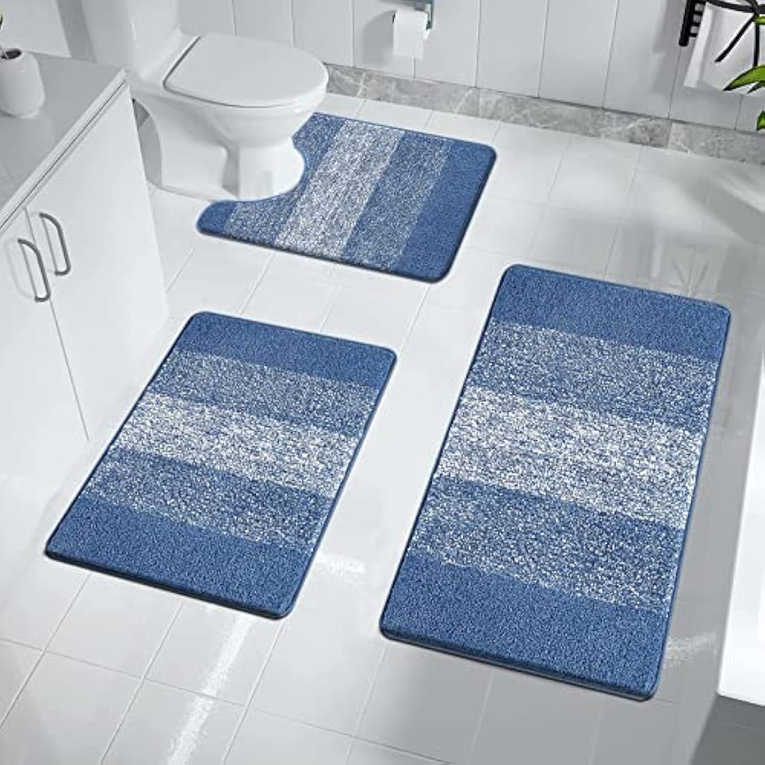 Enyhom Microfiber 3 Piece Bath Mat Sets Non Slip Bath Rugs and Pedestal Mats for Bathroom Washable Absorbent Bathroom Floor Carpet Rug Toilet Rug, Blue