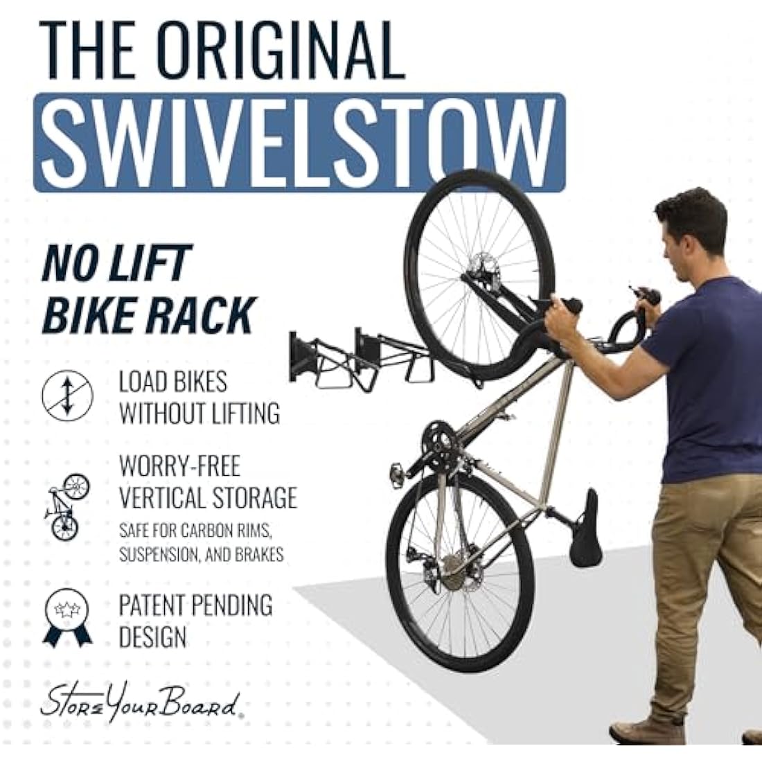 StoreYourBoard SwivelStow Road & Gravel Bike Storage 2 Pack – Heavy Duty Bike Hanger, No-Lift Bike Wall Mount for Garage Bike Storage, Holds 70 lbs, Patent-Pending