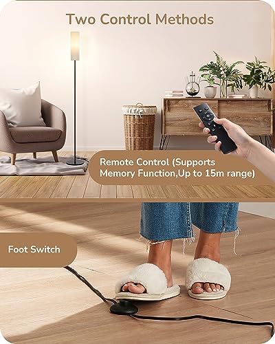 EDISHINE Floor Lamp, Standing Lamp with Wrinkled Linen Lampshade, Floor Lamps for Living Room, Bedroom, 165cm, E27 Socket(9W LED Dimmable Bulb Included), Magnetic Remote Control, Black