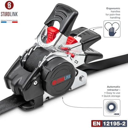 Automatic Ratchet Strap 3m 25mm S-Hook with Latch LC 300daN / 600daN U-Shaped | Automatic Strap Winder | Ideal Attachment Equipment for Trailer Motorcycle Quad Auto | Set of 4 + Bag | EN 12195-2