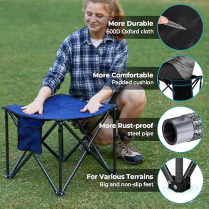 FUNDANGO Oversized Camping Stool with cushion, 18.1 Inch footstool 400 Lbs Heavy Duty Padded Collapsible folding stool Portable Foldable seat for Outdoor Garden Fishing Hiking with Carry Bag (Black)