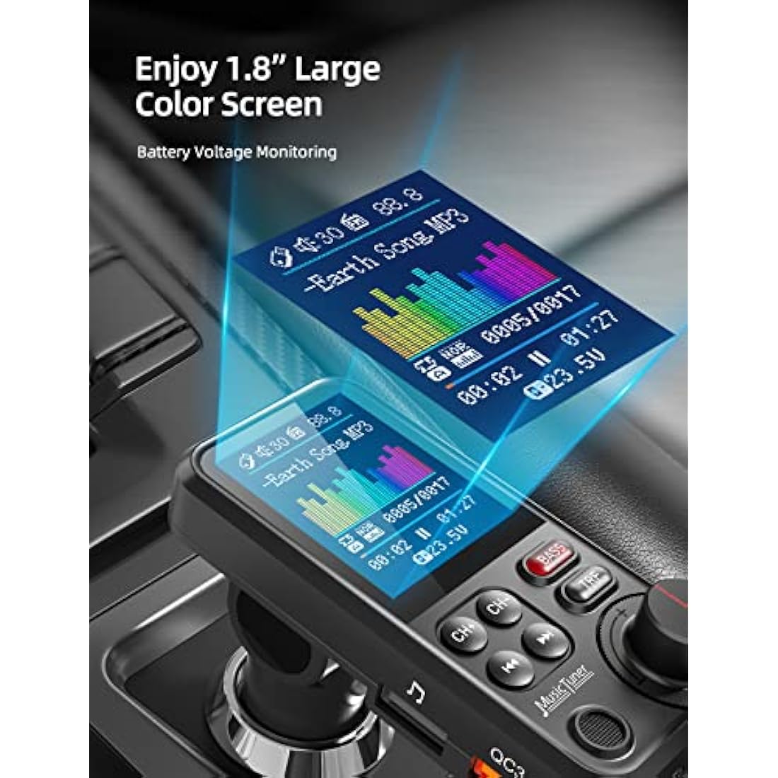 Nulaxy Car Bluetooth Transmitter, 1.8" Color Screen Bluetooth Car Radio Adapter with Strong Microphone for Better Hands Free Calls, Supports QC3.0 Charging, Treble and Bass Sound Music Player- KM30