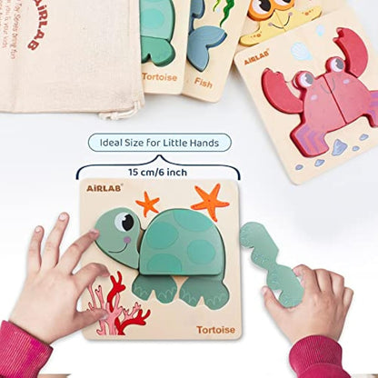Airlab Montessori Toys for 1 2 3 Year Old Girls Boys, Wooden Jigsaw Baby Chunky Shape Puzzles, Fine Motor Skills Sensory Learning & Educational Travel Toys, First 1st Birthday Gifts