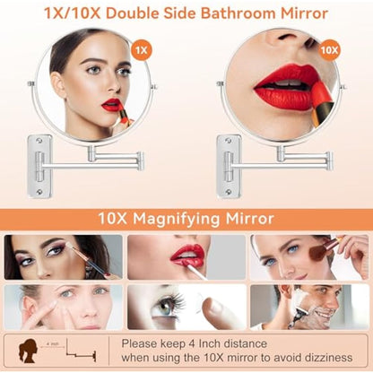 AumVum 8 Inch Bathroom Shaving mirrors wall mounted, 1X/10X Magnification Wall Mount Adjustable Makeup & Shaving Mirror, 360° Swivel Dual-Sided Design (Chrome Plated-No Light)