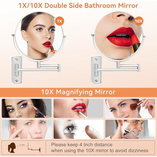 AumVum 8 Inch Bathroom Shaving mirrors wall mounted, 1X/10X Magnification Wall Mount Adjustable Makeup & Shaving Mirror, 360° Swivel Dual-Sided Design (Chrome Plated-No Light)