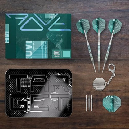 TARGET Darts Rove Steel Tip Swiss Point Darts, 90% Tungsten Dart Set | Steel Tip Dart, Green & Silver Darts, Professional Dart Set with Swiss Points & Tool | Barrel 01/02/03 –22G/23G/24G/25G
