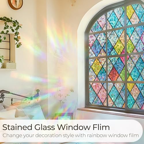 Beautysaid Rainbow Privacy Window Film: Stained Glass, No-Glue Frosted Window Film, Static Cling Film (Multicolor, 90x400cm