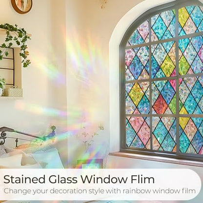 Beautysaid Rainbow Privacy Window Film: Stained Glass, No-Glue Frosted Window Film, Static Cling Film (Multicolor, 60x400cm