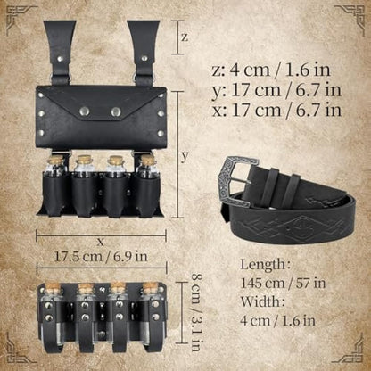 EpicCos 3 PCs Medieval Alchemy Belt Waist Pack Combo with Multiple Potion Bottles, Viking Rivet Belt Side Pouch for Cosplay (Black C)
