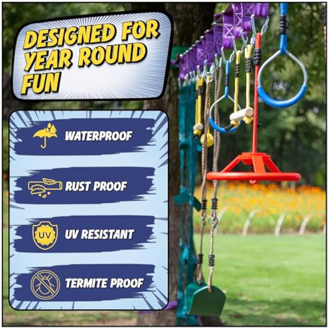 Ninja Warrior Obstacle Course for Kids Workout Equipment, 2 x 55ft Slacklines with 10 Weatherproof & Durable Obstacles - Cargo Net, Rope Ladder & More - Ninja Course for Kids Outside