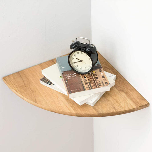 GIEANOO Corner Shelf, Solid Oak Wood Floating Corner Shelf Wall Mount 16inch Round End Floating Speaker Shelf With Wire Hole Shelves for Bedroom