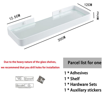 Biutimarden Bathroom Shelf Rectangular No Drilling Wall Mounted Tempered Glass Shower Caddy Space Aluminum Rustproof Storage Organizer for Bathroom