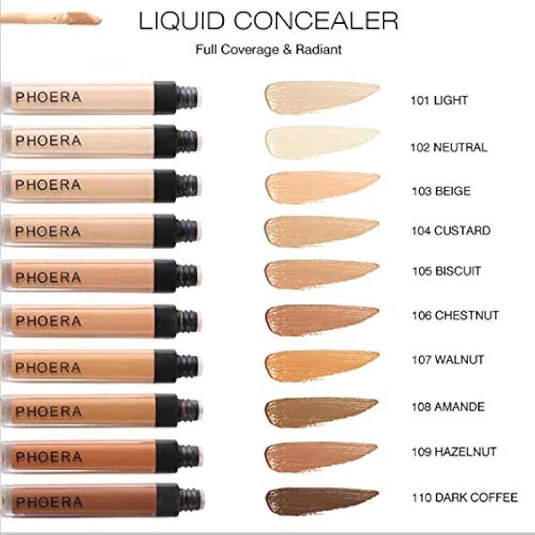 Phoera Full‑Coverage Matte Liquid Concealer – Waterproof, Oil‑Free Camouflage for Dark Circles, Acne Scars & Under‑Eye (106 - Chestnut)