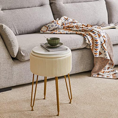 IBUYKE Velvet Storage Footrest Stool Ottoman, Makeup Vanity Stool Side Table with Golden Steel Legs Removable Cover, Coffee Table Top Cover, Creamy-White L/G-20M