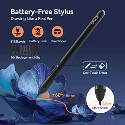 Drawing Tablet, Portable Graphics Tablet with Battery-Free Stylus and 10 Shortcut Keys, 8192 Pressure Sensitivity Digital Graphics Drawing Pad for Windows/Mac/Linux/Android/Chrome OS/OSU