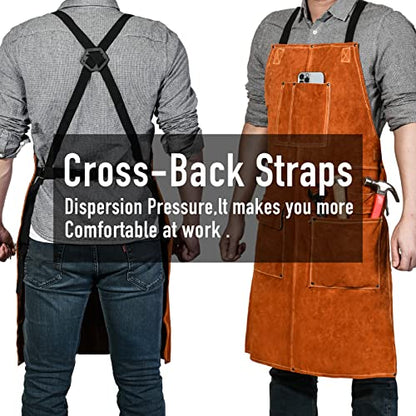 Leather Welding Work Apron - Heat Resistant & Flame Resistant Bib Apron, Flame Retardant Heavy Duty BBQ Apron, Adjustable One Size Fit Most Brown-24"x