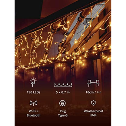 Twinkly Icicle 190 LED White, Outdoor and Indoor LED Cascade Lights, Smart Warm and Cool White LED Lights, Compatible with Alexa, Google Home, IP44, App Control, Transparent Wire, 5.5m