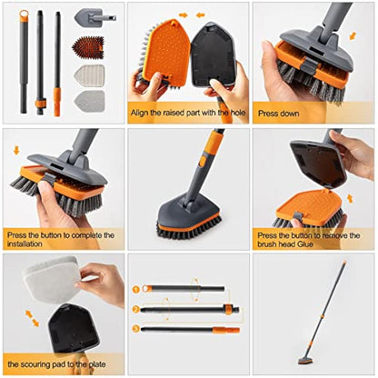 CLEANHOME Shower Scrubber,4-in-1 Scrubbing Brush with Long Handle(132 cm), 3 Different Fibre Cleaning Pad,Suitable for cleaning bathtubs, floor tile gaps, and glass mirrors.1
