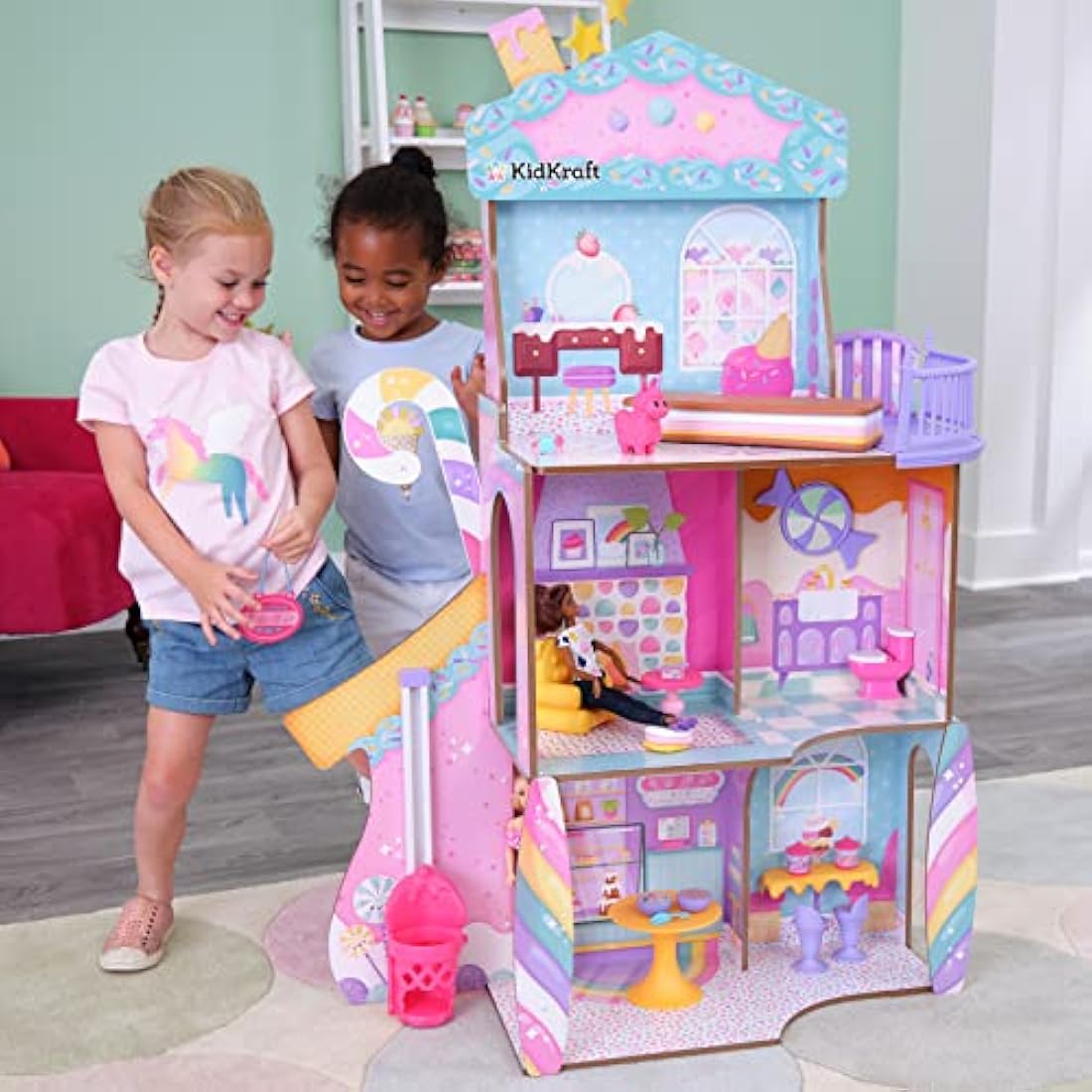 KidKraft Candy Castle Wooden Dolls House with Furniture and Accessories, Play Set with Llama Unicorn Figurine, Ice cream Cone Lift and Gummy Bear Chair for Dolls, Kids' Toys, 20242