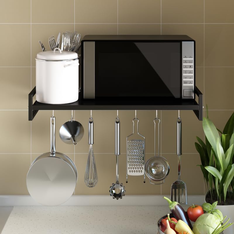 ABCOOL Wall Mount Microwave Oven Shelf Rack for Kitchen Home, Carbon Steel Counter Countertop Holder with Hook Rail and 3 Slidable Hooks