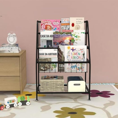 Huhote Children Kids Bookshelf, Small Bookcase, Kids Book Rack, Book and Toy Storage Organizer Display Stands Shelf for Small Place Living Room Study Children's Room (Black)