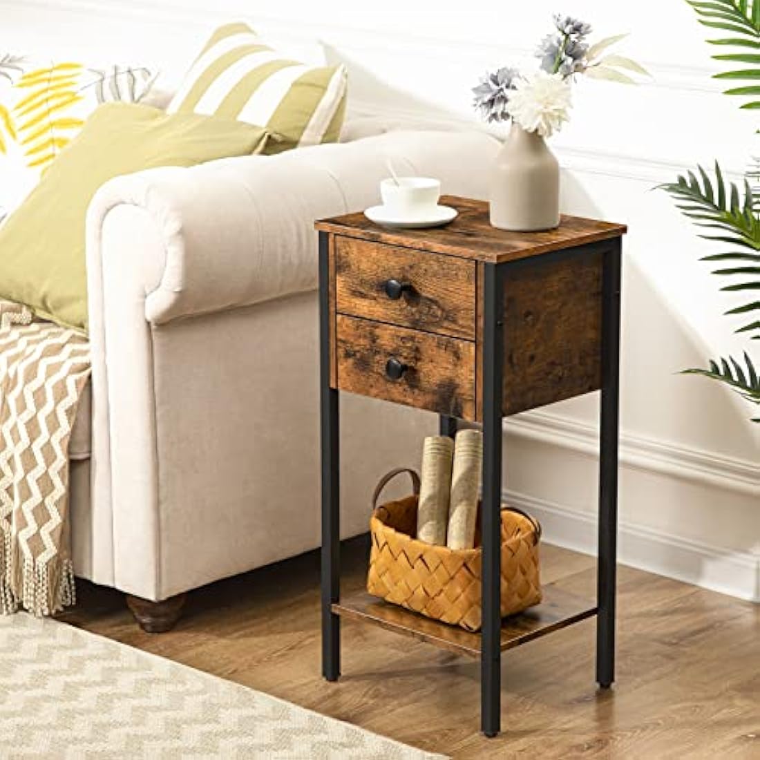 HOOBRO Tall Bedside Table, Slim Side Table with 2 Drawers, Industrial Telephone Tables for Small Spaces, Living Room, 35 x 28.5 x 68.5 cm, Rustic Brown and Black EBF72BZ01