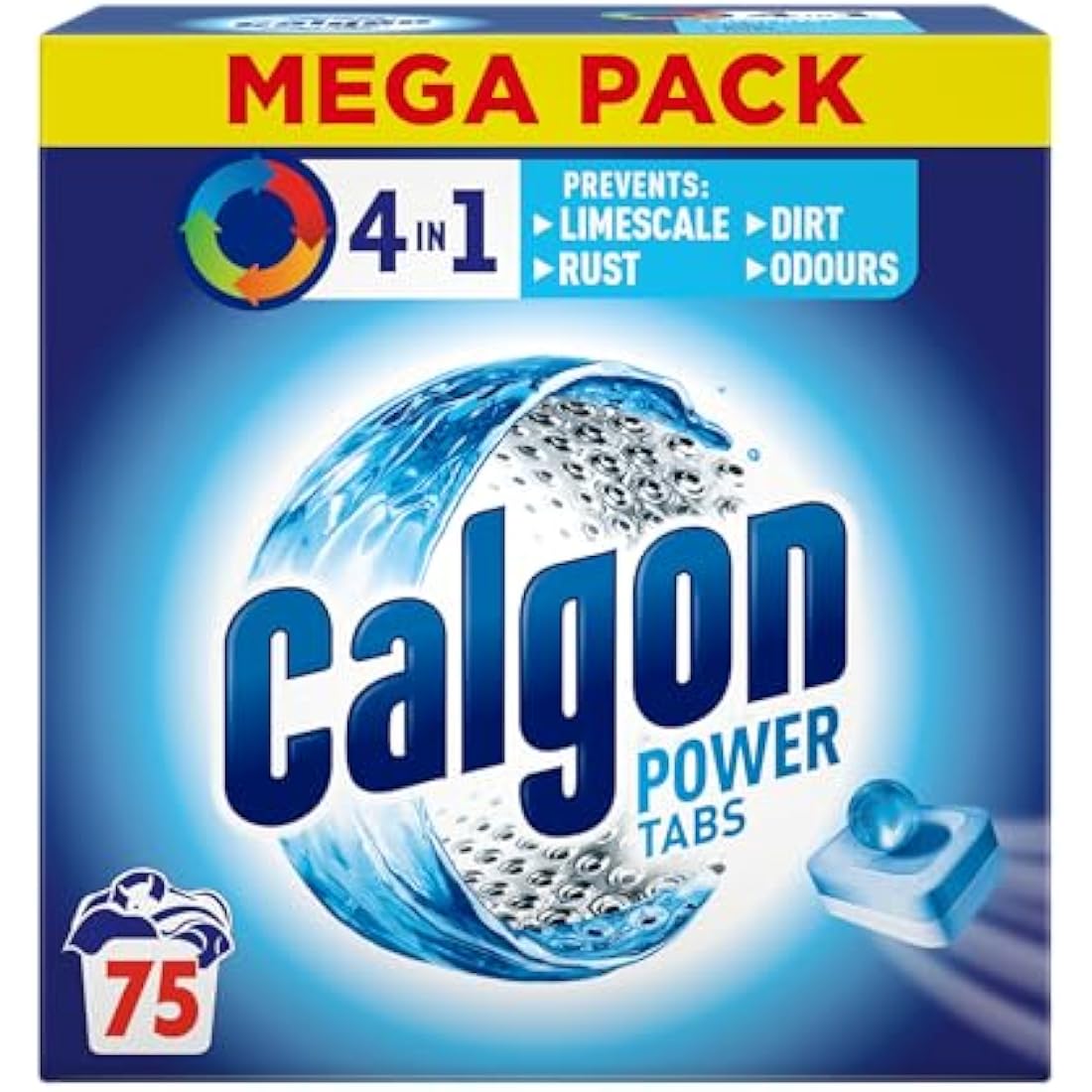 Calgon 4-in-1 Washing Machine Cleaner and Water Softener Tablets, 75 Count , Removes Limescale, Residue, Dirt, Rust & Malodours , Deep Clean , XL Pack Size