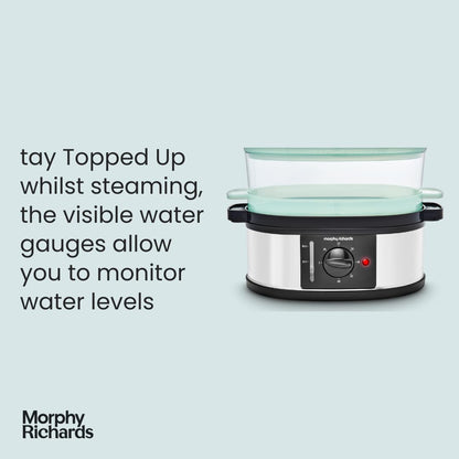 Morphy Richards 3 Tier Food Steamer, 9L, 60 Minute Timer with Bell, Instant Steam Production, Visible Water Gauge, Rice Tray, 750W, Stainless Steel,